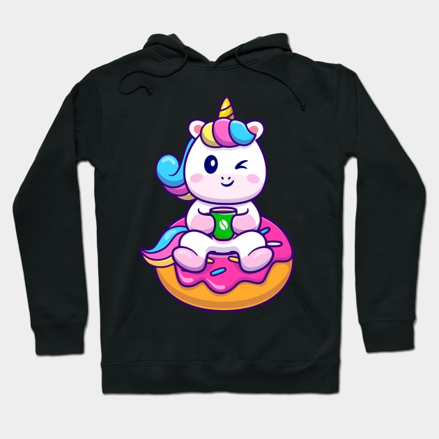 Cute Unicorn With Cofee And Doughnut Cartoon Hoodie by Catalyst Labs